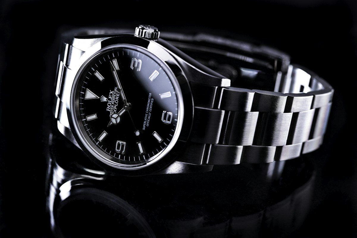 Close-up of a Rolex Explorer dial and steel bracelet